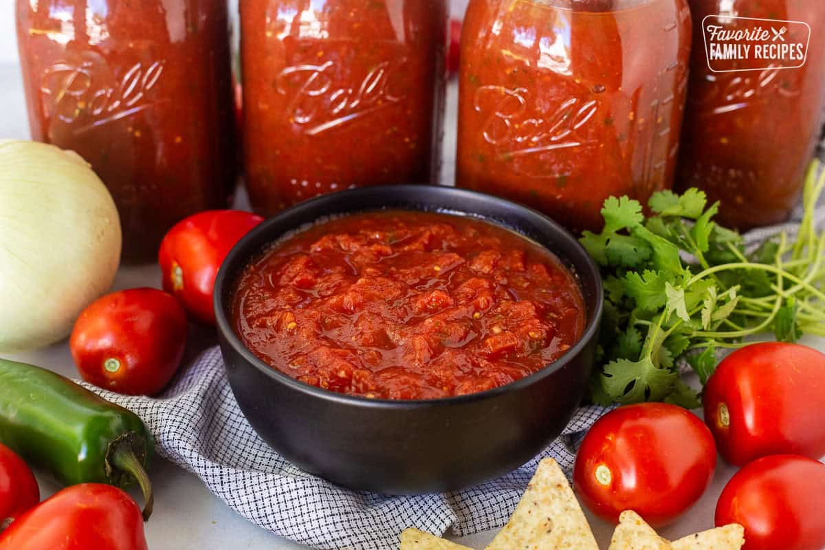 Bowl of savory canned salsa next to jars of salsa and chips on the side.