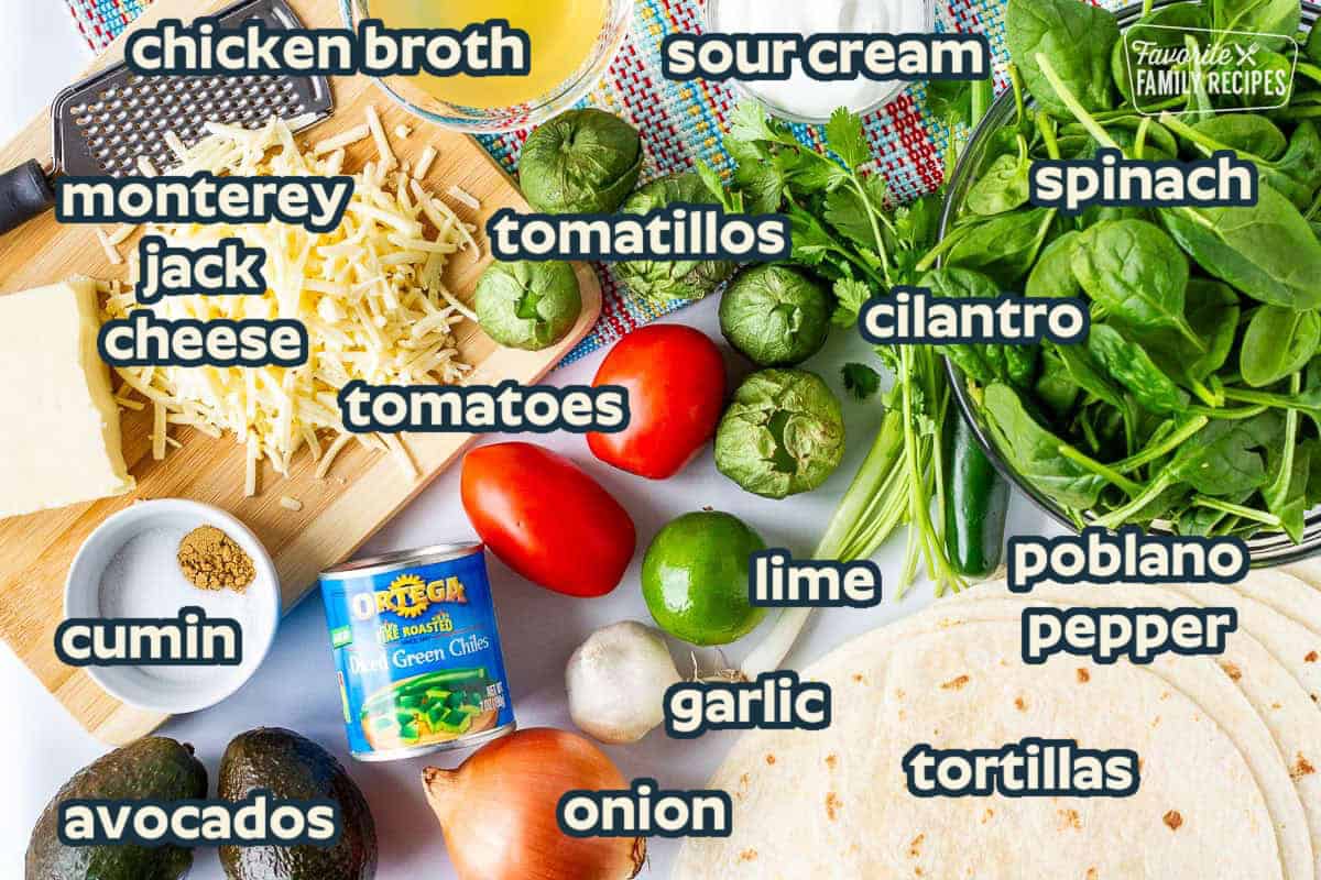 Ingredients in spinach enchiladas: spinach, tortillas, cheese, sour cream, chicken broth, tomatillos, cilantro, poblano pepper, tomatoes, lime, garlic, and onion