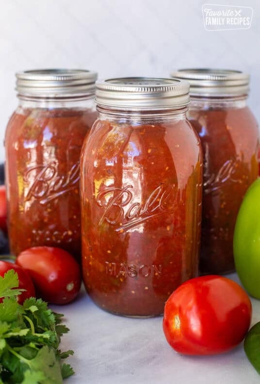 Jars of sweet canned salsa surrounded by fresh vegetables.