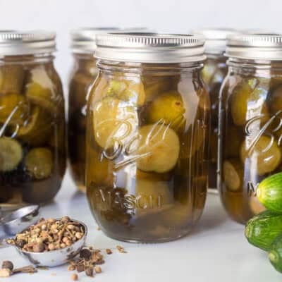 Sweet pickles in canning jars.