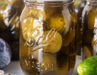 Canning jars of sweet pickles.