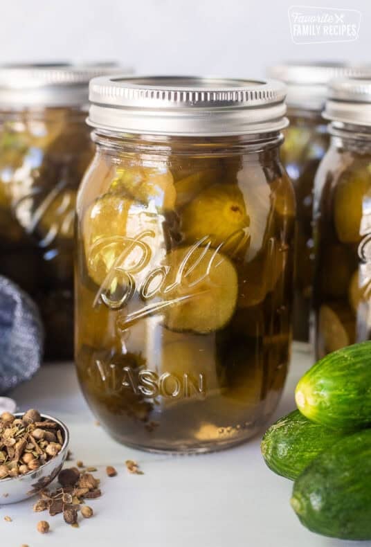 Canning jars of sweet pickles.