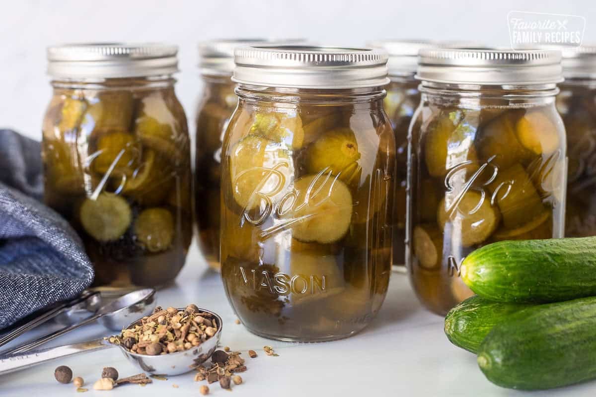 Sweet pickles in canning jars.