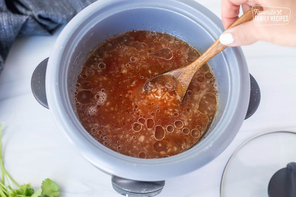 Stirring rice, chicken broth, onion, spices and oil in the rice cooker with a spoon.