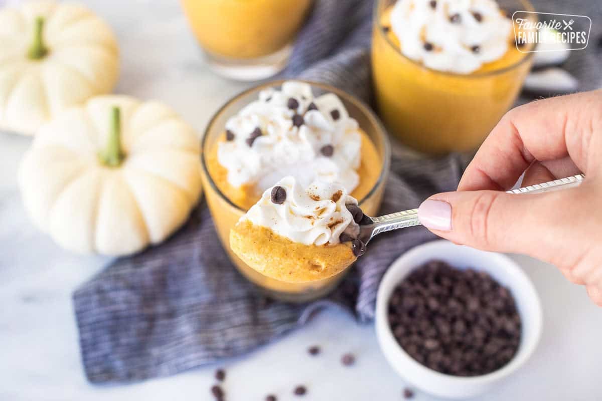 Spoon full of pumpkin mousse, whipped cream and mini chocolate chips.