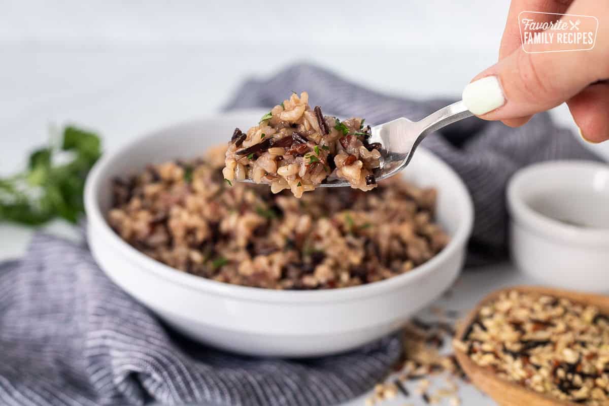 Bowl of wild rice with a fork full of wild rice.