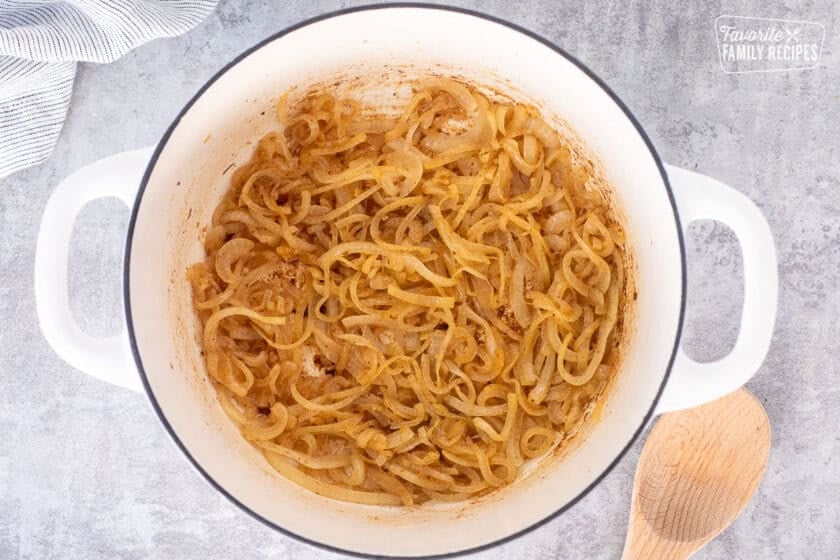 Dutch oven with caramelized onions.