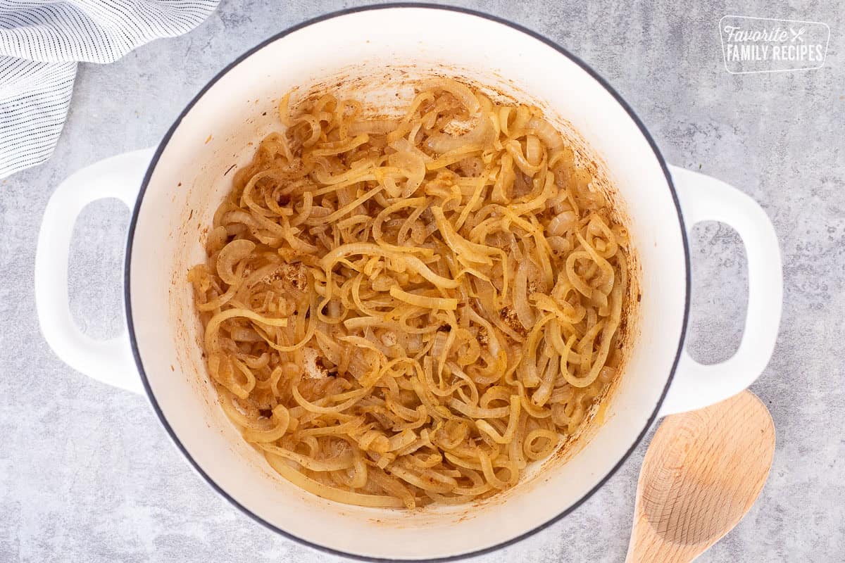 Dutch oven with caramelized onions.