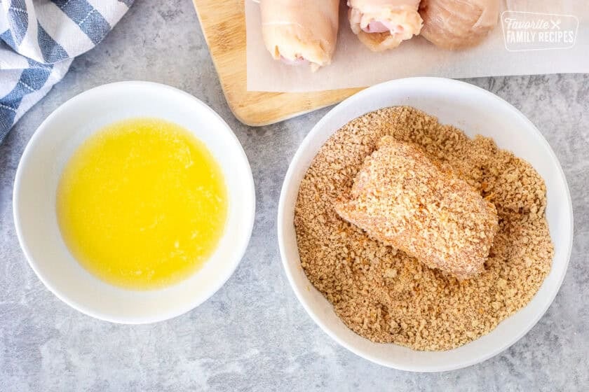 Chicken cordon bleu rolled in panko crumb mixture.