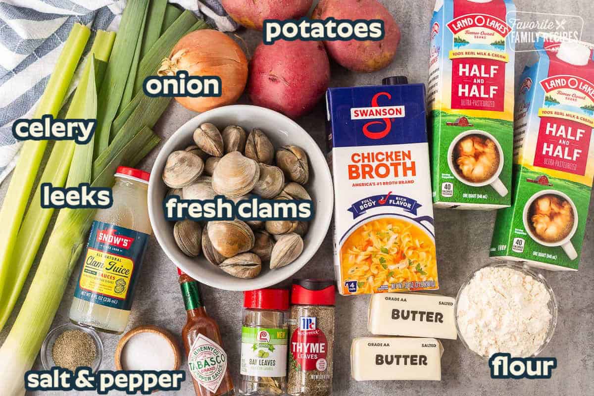 Ingredients to make clam chowder with fresh clams including fresh clams, chicken broth, half-and-half, flour, butter, bay leaves, thyme leaves, Tabasco sauce, salt, pepper, clam juice, celery, onion, red potatoes and leeks.