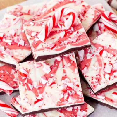 Stacked pieces of peppermint bark.